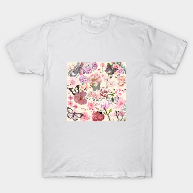 Vintage Flowers and Butterfly Floral Wallpaper Beige Background T-Shirt by GoodyL